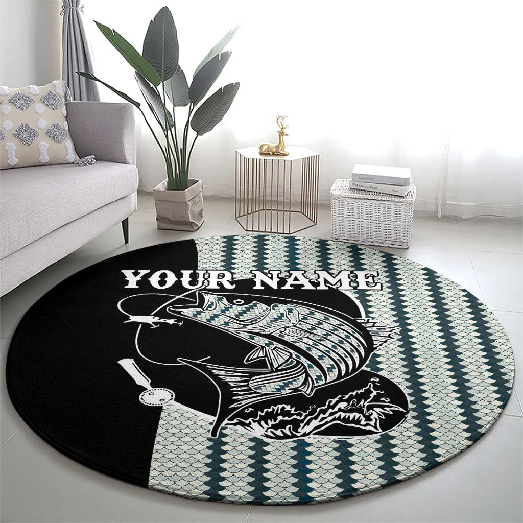 Striped Bass Jumping Graphic Round Carpet Rod Reel and Airplane on Fish Scale Pattern - Wonder Print Shop
