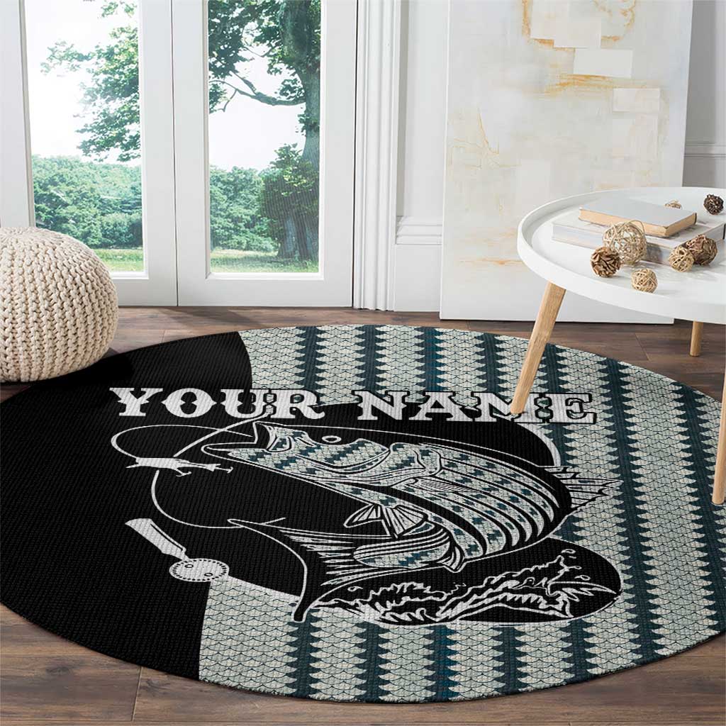 Striped Bass Jumping Graphic Round Carpet Rod Reel and Airplane on Fish Scale Pattern - Wonder Print Shop