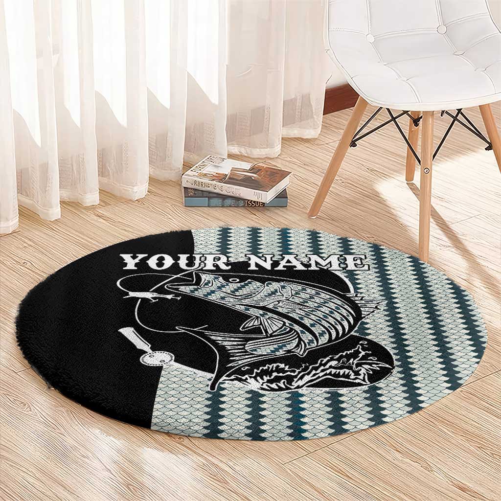 Striped Bass Jumping Graphic Round Carpet Rod Reel and Airplane on Fish Scale Pattern - Wonder Print Shop