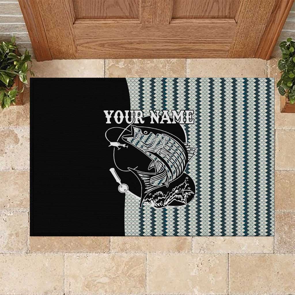 Striped Bass Jumping Graphic Rubber Doormat Rod Reel and Airplane on Fish Scale Pattern - Wonder Print Shop
