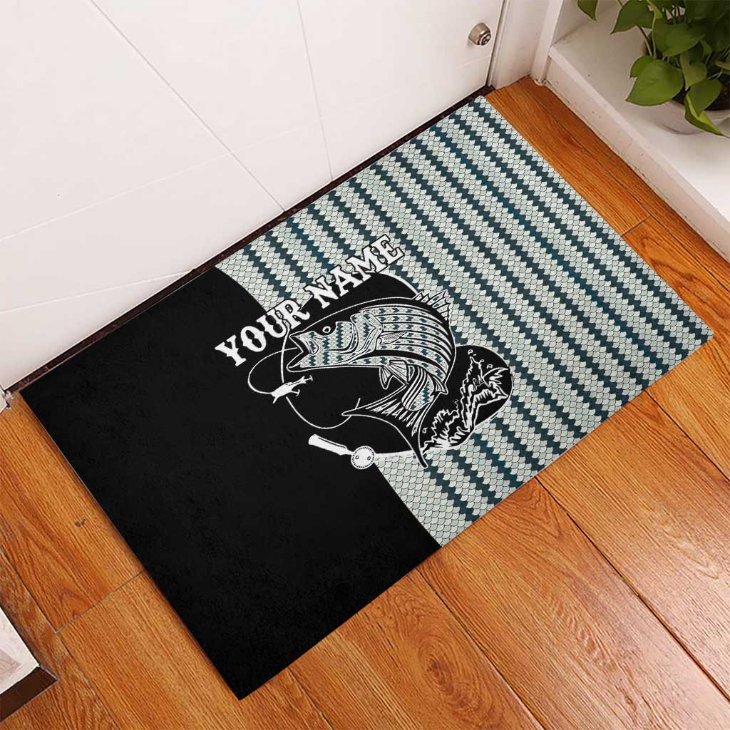 Striped Bass Jumping Graphic Rubber Doormat Rod Reel and Airplane on Fish Scale Pattern - Wonder Print Shop