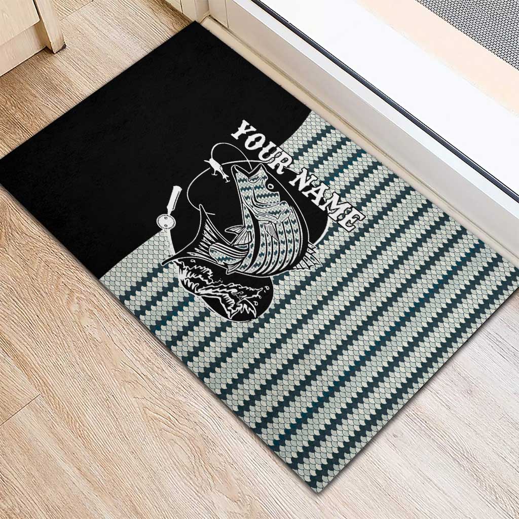 Striped Bass Jumping Graphic Rubber Doormat Rod Reel and Airplane on Fish Scale Pattern - Wonder Print Shop