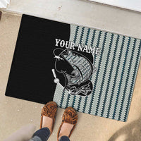 Striped Bass Jumping Graphic Rubber Doormat Rod Reel and Airplane on Fish Scale Pattern - Wonder Print Shop