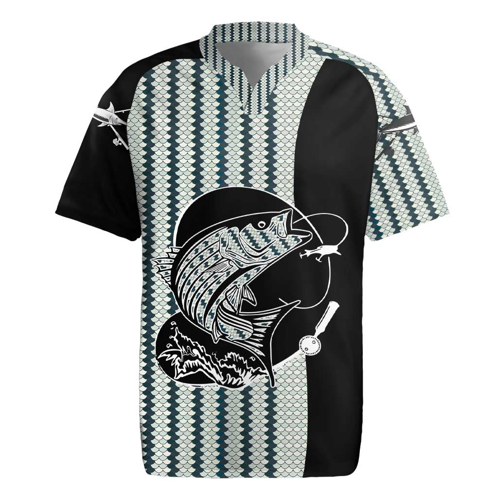 Striped Bass Jumping Graphic Rugby Jersey Rod Reel and Airplane on Fish Scale Pattern - Wonder Print Shop
