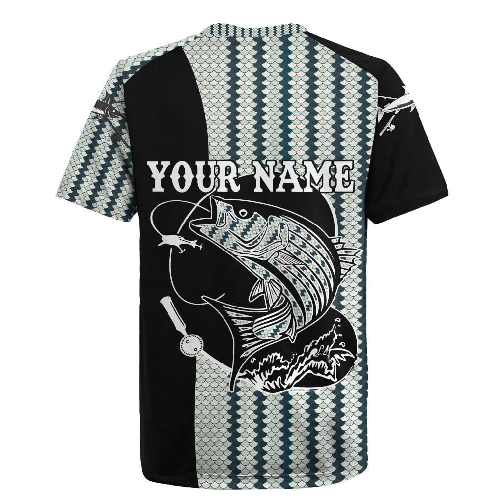 Striped Bass Jumping Graphic Rugby Jersey Rod Reel and Airplane on Fish Scale Pattern - Wonder Print Shop