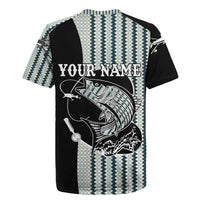 Striped Bass Jumping Graphic Rugby Jersey Rod Reel and Airplane on Fish Scale Pattern - Wonder Print Shop