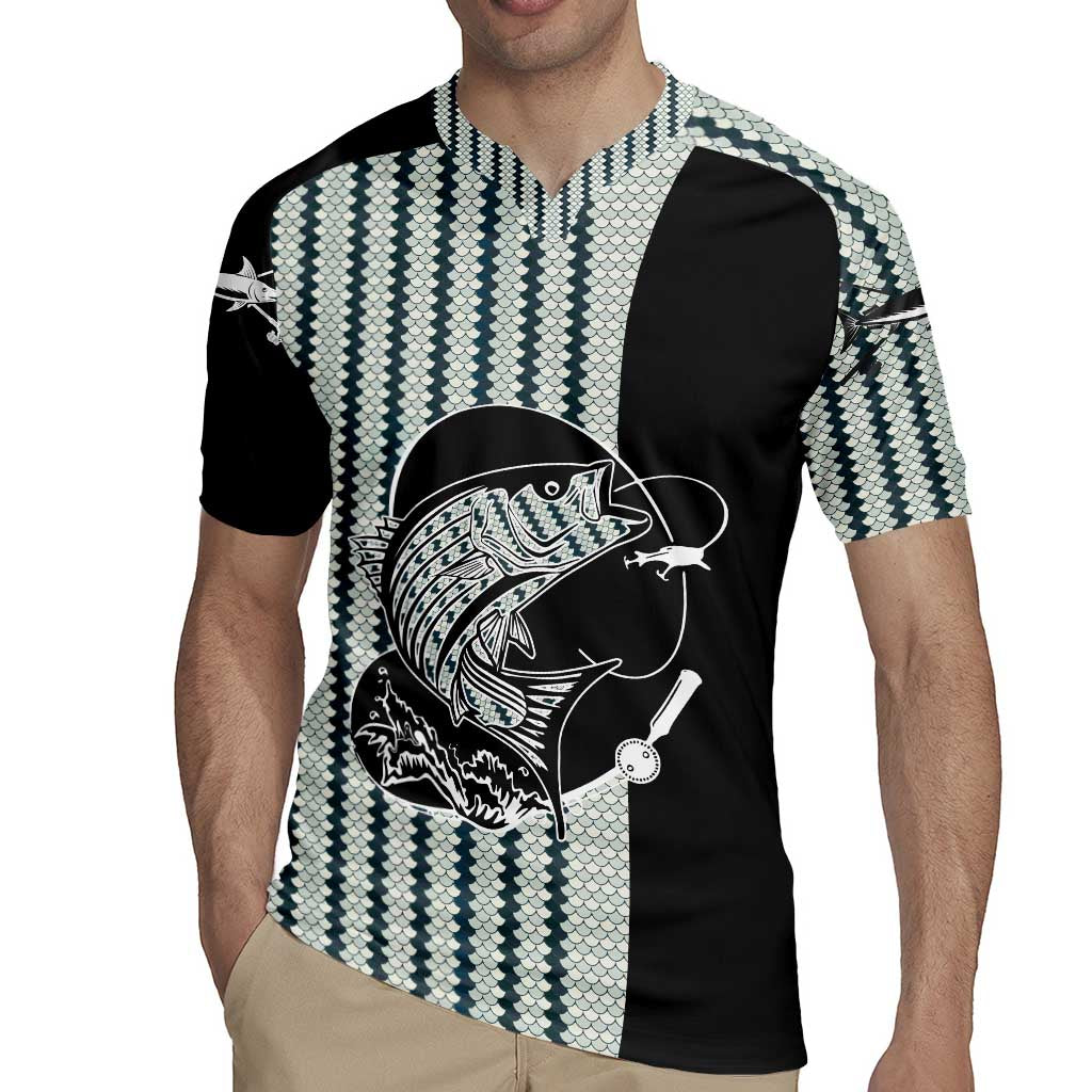 Striped Bass Jumping Graphic Rugby Jersey Rod Reel and Airplane on Fish Scale Pattern - Wonder Print Shop
