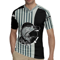 Striped Bass Jumping Graphic Rugby Jersey Rod Reel and Airplane on Fish Scale Pattern - Wonder Print Shop