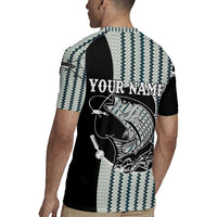 Striped Bass Jumping Graphic Rugby Jersey Rod Reel and Airplane on Fish Scale Pattern - Wonder Print Shop