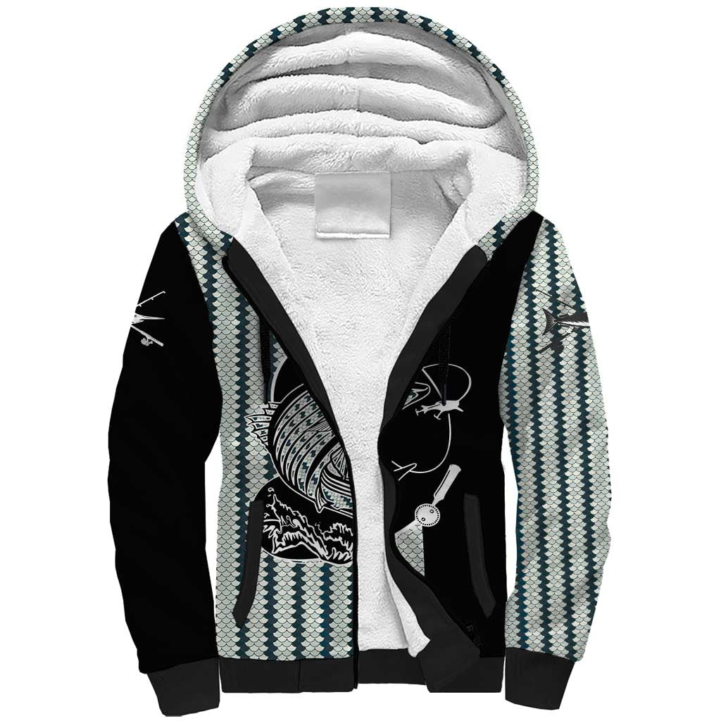Striped Bass Jumping Graphic Sherpa Hoodie Rod Reel and Airplane on Fish Scale Pattern - Wonder Print Shop