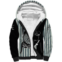 Striped Bass Jumping Graphic Sherpa Hoodie Rod Reel and Airplane on Fish Scale Pattern - Wonder Print Shop