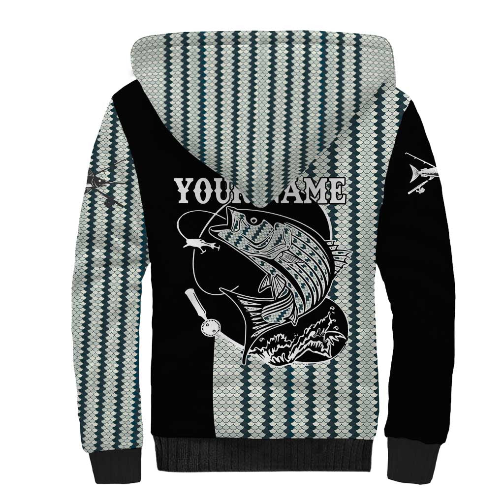 Striped Bass Jumping Graphic Sherpa Hoodie Rod Reel and Airplane on Fish Scale Pattern - Wonder Print Shop