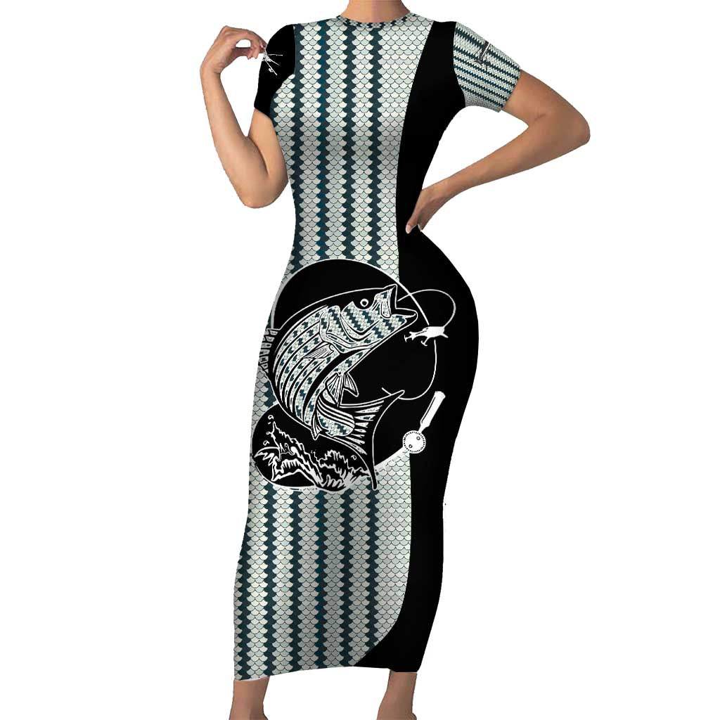 Striped Bass Jumping Graphic Short Sleeve Bodycon Dress Rod Reel and Airplane on Fish Scale Pattern - Wonder Print Shop