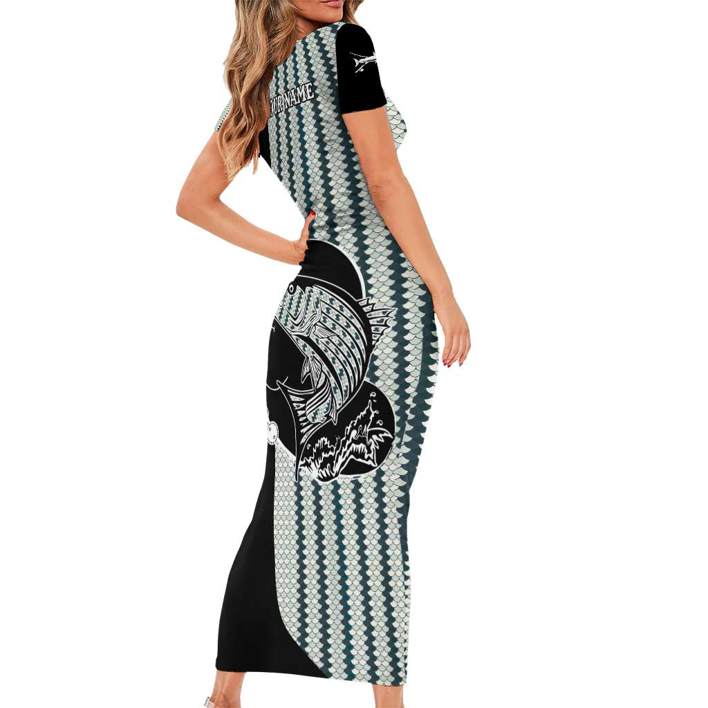 Striped Bass Jumping Graphic Short Sleeve Bodycon Dress Rod Reel and Airplane on Fish Scale Pattern - Wonder Print Shop