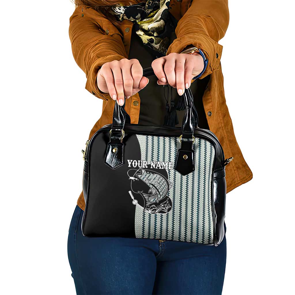 Striped Bass Jumping Graphic Shoulder Handbag Rod Reel and Airplane on Fish Scale Pattern - Wonder Print Shop