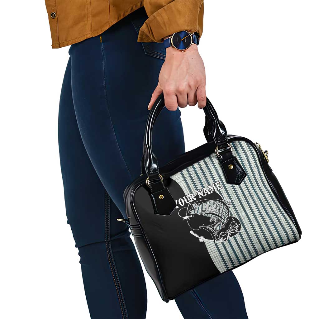 Striped Bass Jumping Graphic Shoulder Handbag Rod Reel and Airplane on Fish Scale Pattern - Wonder Print Shop