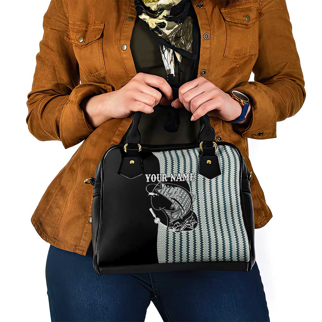 Striped Bass Jumping Graphic Shoulder Handbag Rod Reel and Airplane on Fish Scale Pattern - Wonder Print Shop