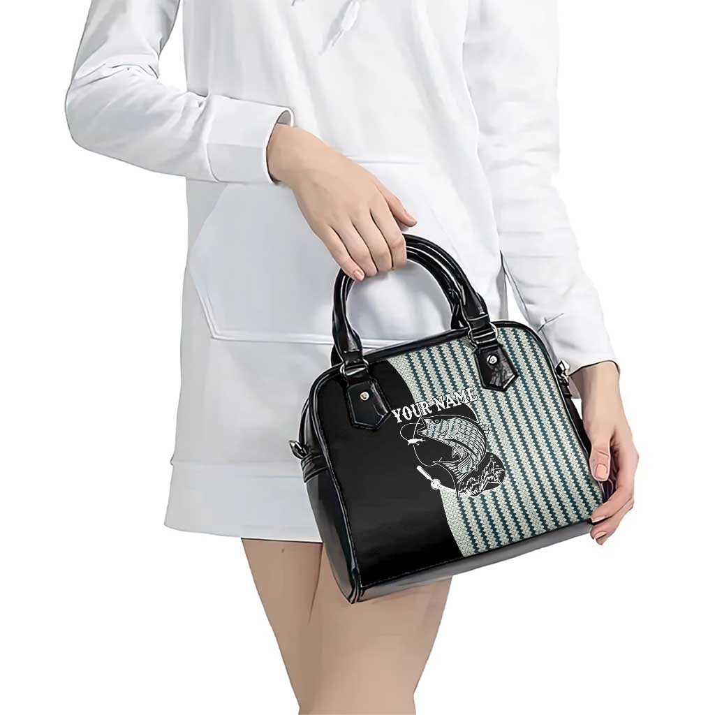 Striped Bass Jumping Graphic Shoulder Handbag Rod Reel and Airplane on Fish Scale Pattern - Wonder Print Shop