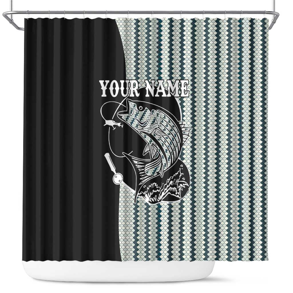 Striped Bass Jumping Graphic Shower Curtain Rod Reel and Airplane on Fish Scale Pattern - Wonder Print Shop