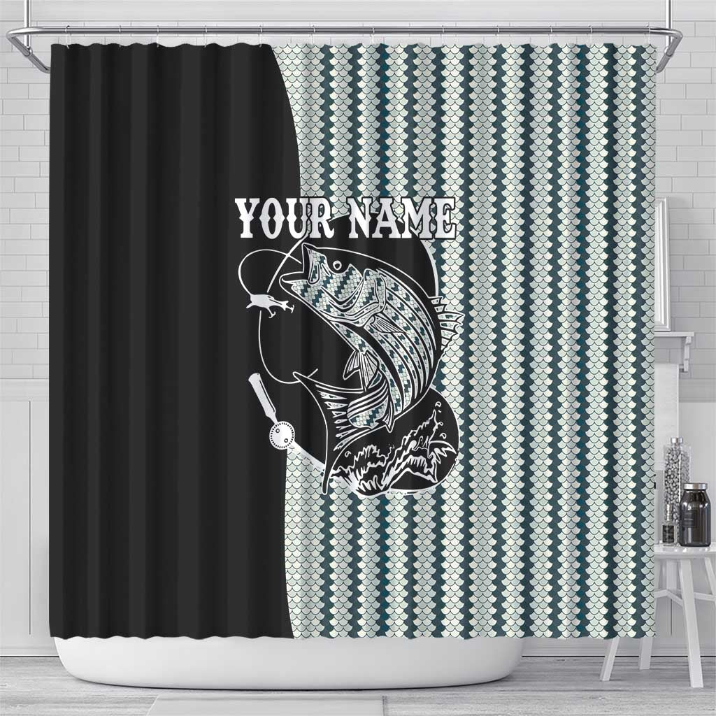 Striped Bass Jumping Graphic Shower Curtain Rod Reel and Airplane on Fish Scale Pattern - Wonder Print Shop