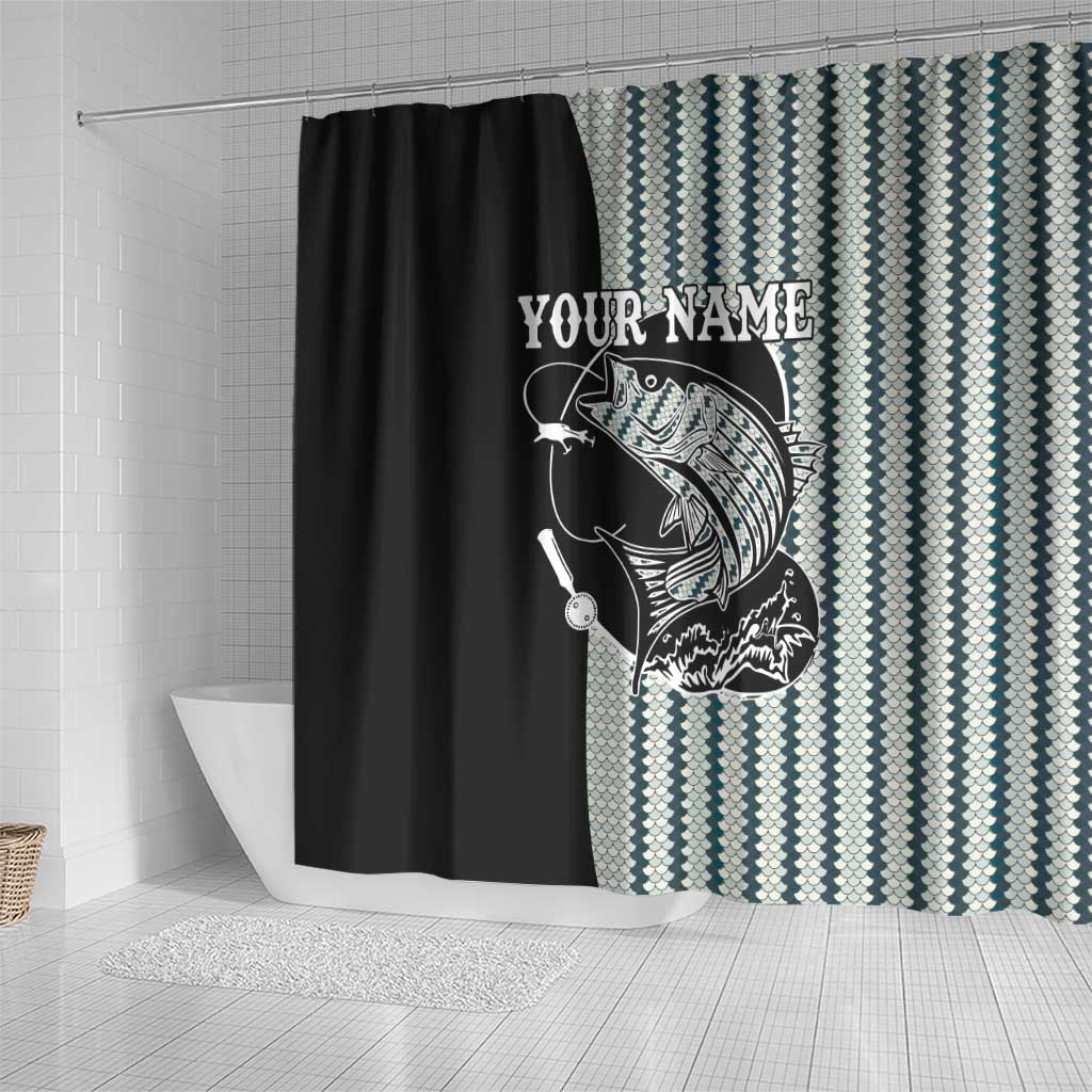 Striped Bass Jumping Graphic Shower Curtain Rod Reel and Airplane on Fish Scale Pattern - Wonder Print Shop