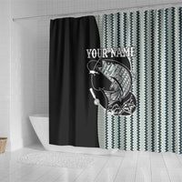 Striped Bass Jumping Graphic Shower Curtain Rod Reel and Airplane on Fish Scale Pattern - Wonder Print Shop