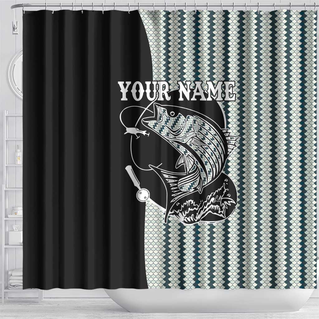 Striped Bass Jumping Graphic Shower Curtain Rod Reel and Airplane on Fish Scale Pattern - Wonder Print Shop