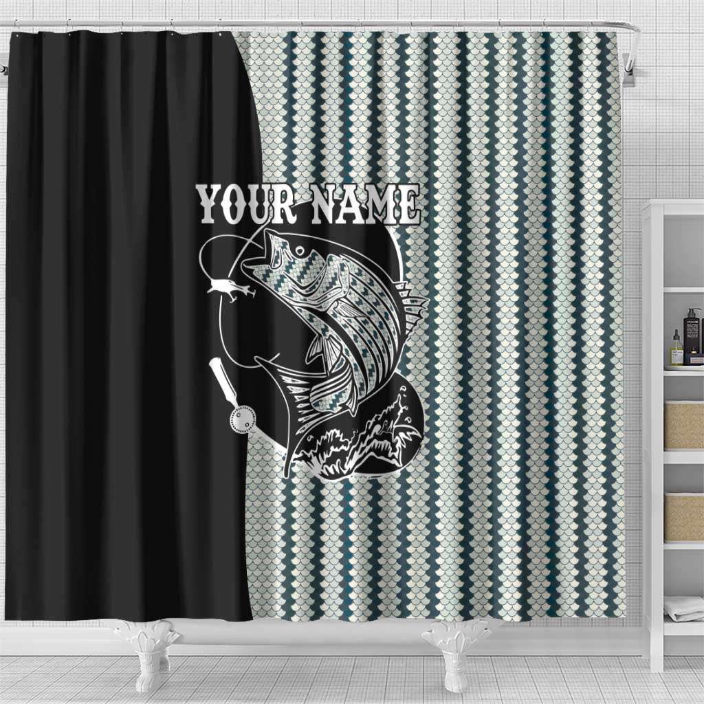 Striped Bass Jumping Graphic Shower Curtain Rod Reel and Airplane on Fish Scale Pattern - Wonder Print Shop