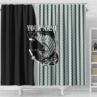 Striped Bass Jumping Graphic Shower Curtain Rod Reel and Airplane on Fish Scale Pattern - Wonder Print Shop