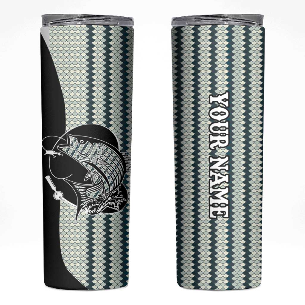 Striped Bass Jumping Graphic Skinny Tumbler Rod Reel and Airplane on Fish Scale Pattern - Wonder Print Shop