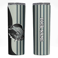 Striped Bass Jumping Graphic Skinny Tumbler Rod Reel and Airplane on Fish Scale Pattern - Wonder Print Shop