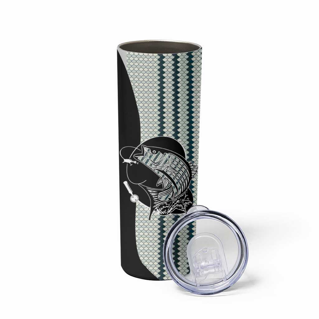 Striped Bass Jumping Graphic Skinny Tumbler Rod Reel and Airplane on Fish Scale Pattern - Wonder Print Shop