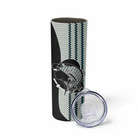Striped Bass Jumping Graphic Skinny Tumbler Rod Reel and Airplane on Fish Scale Pattern - Wonder Print Shop