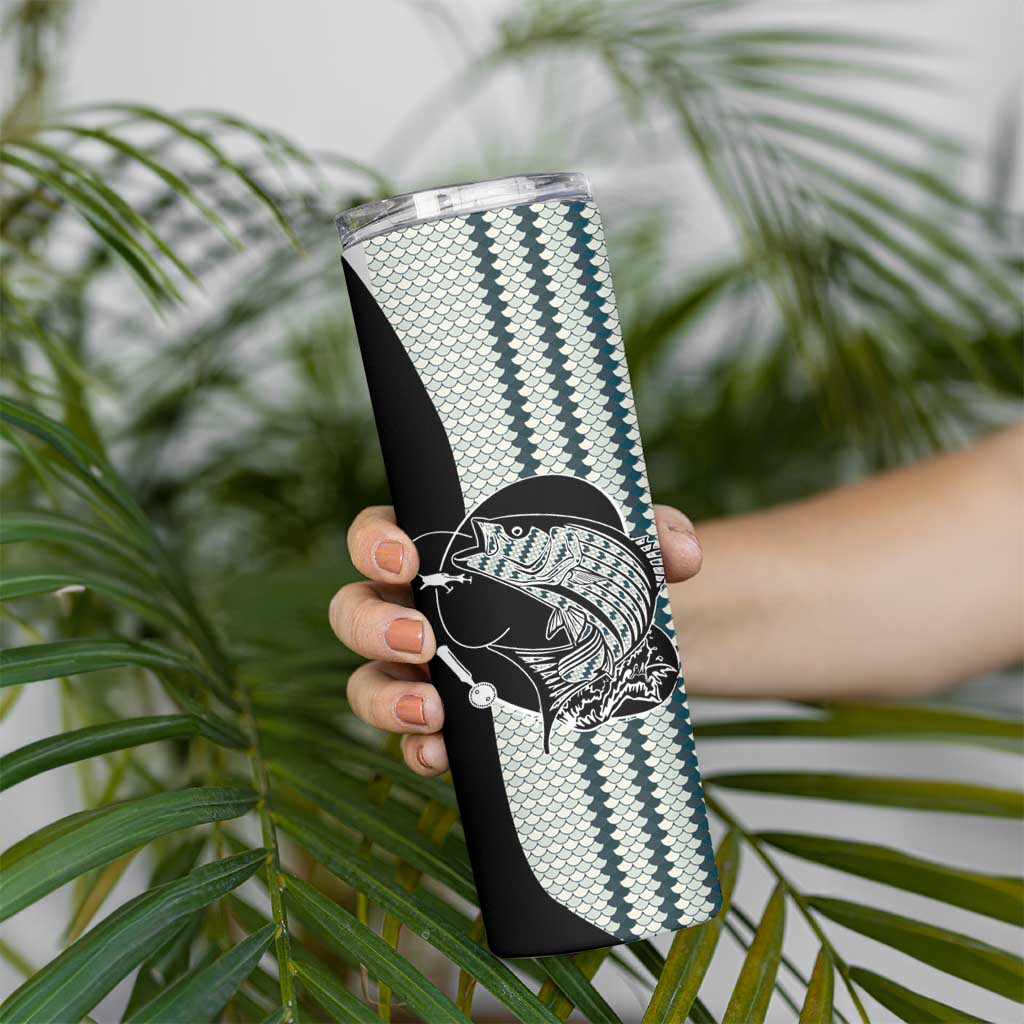 Striped Bass Jumping Graphic Skinny Tumbler Rod Reel and Airplane on Fish Scale Pattern - Wonder Print Shop