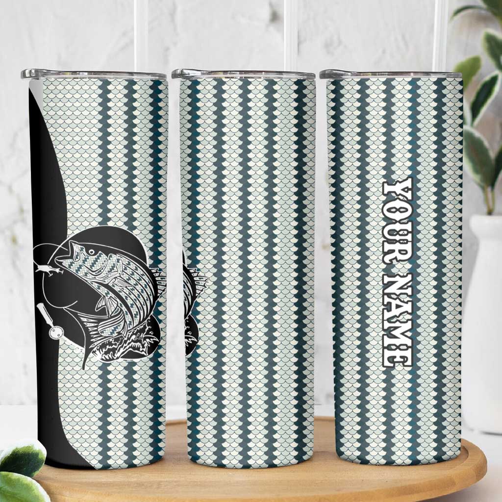 Striped Bass Jumping Graphic Skinny Tumbler Rod Reel and Airplane on Fish Scale Pattern - Wonder Print Shop