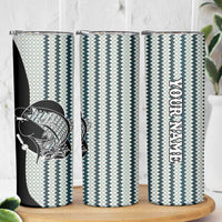 Striped Bass Jumping Graphic Skinny Tumbler Rod Reel and Airplane on Fish Scale Pattern - Wonder Print Shop