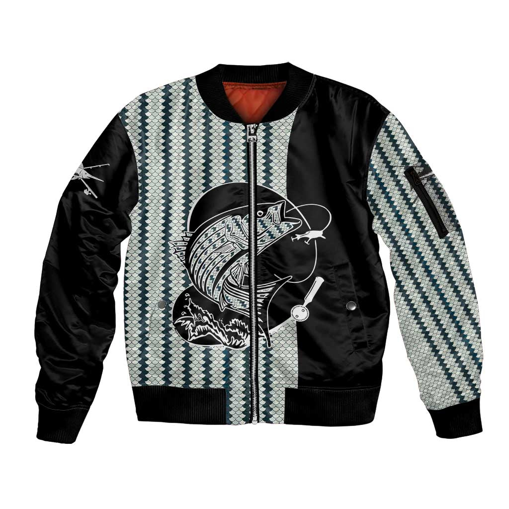 Striped Bass Jumping Graphic Sleeve Zip Bomber Jacket Rod Reel and Airplane on Fish Scale Pattern - Wonder Print Shop