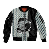 Striped Bass Jumping Graphic Sleeve Zip Bomber Jacket Rod Reel and Airplane on Fish Scale Pattern - Wonder Print Shop