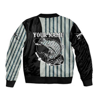 Striped Bass Jumping Graphic Sleeve Zip Bomber Jacket Rod Reel and Airplane on Fish Scale Pattern - Wonder Print Shop