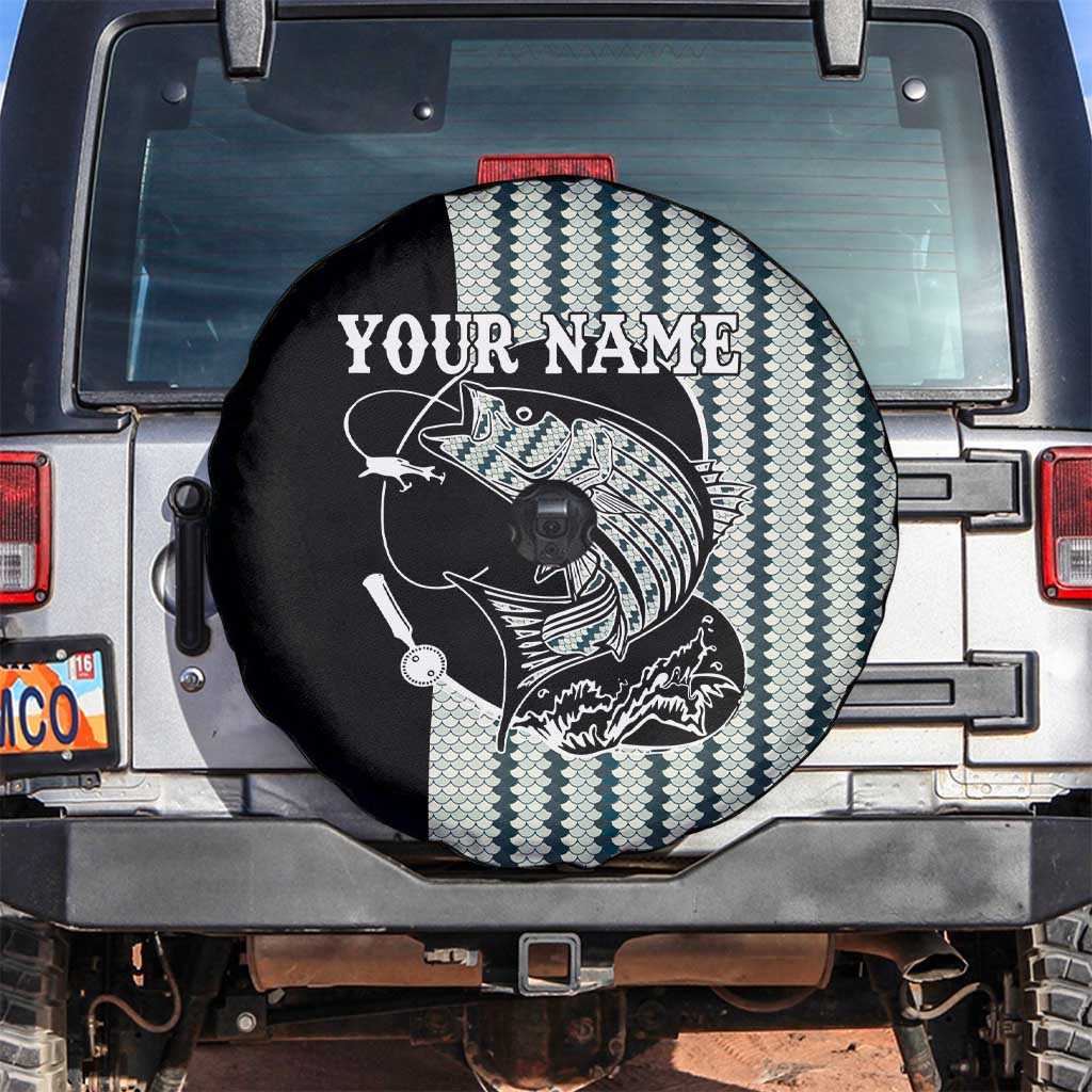 Striped Bass Jumping Graphic Spare Tire Cover Rod Reel and Airplane on Fish Scale Pattern - Wonder Print Shop