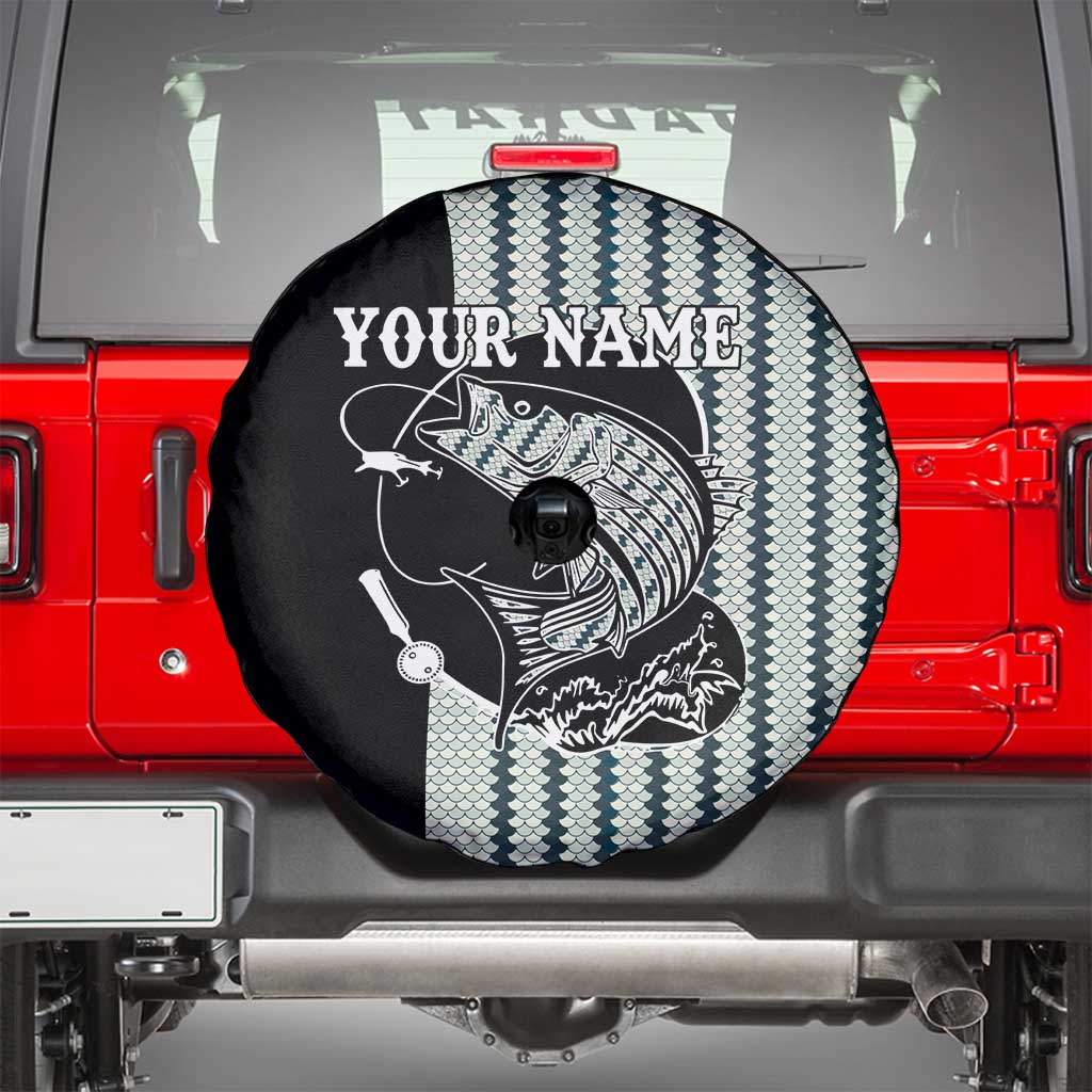 Striped Bass Jumping Graphic Spare Tire Cover Rod Reel and Airplane on Fish Scale Pattern - Wonder Print Shop