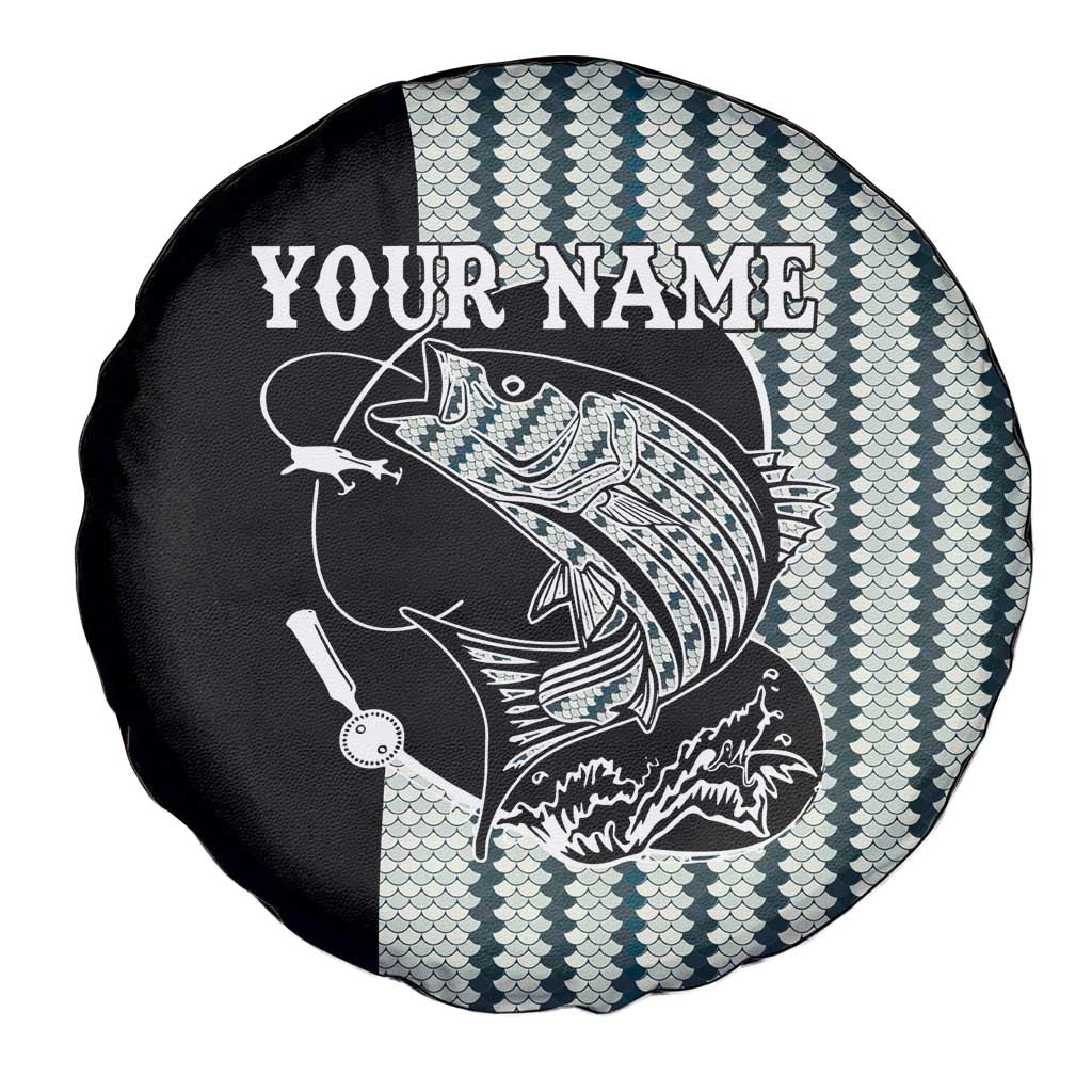 Striped Bass Jumping Graphic Spare Tire Cover Rod Reel and Airplane on Fish Scale Pattern - Wonder Print Shop