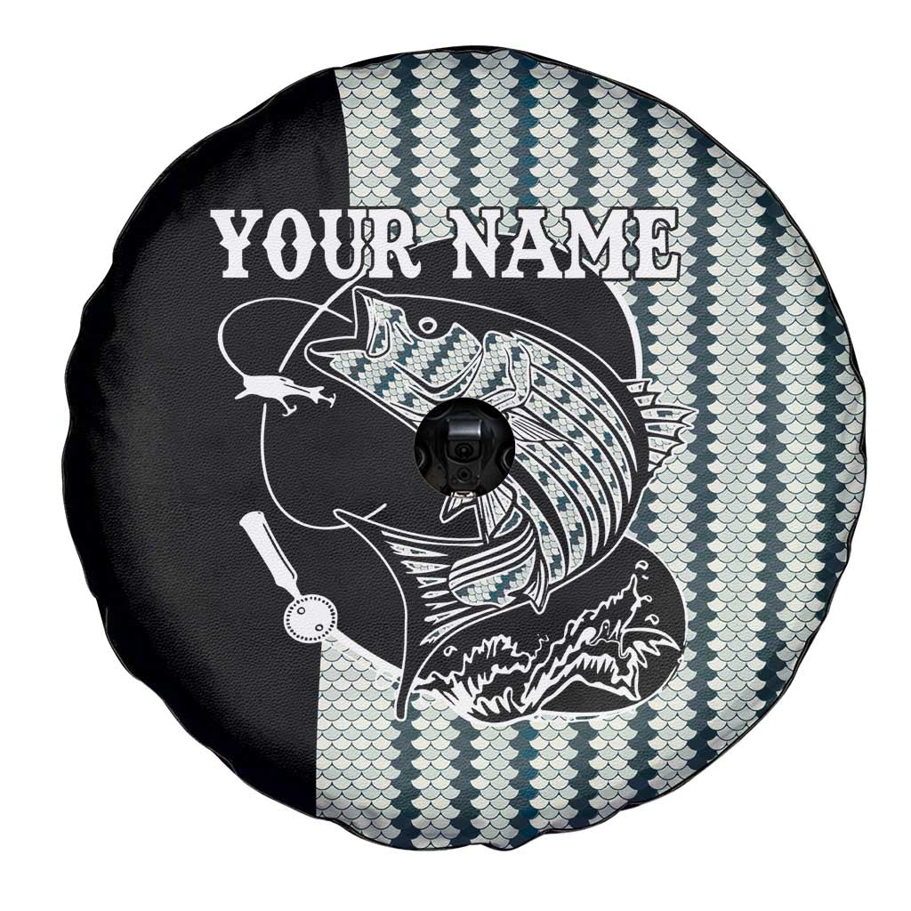Striped Bass Jumping Graphic Spare Tire Cover Rod Reel and Airplane on Fish Scale Pattern - Wonder Print Shop