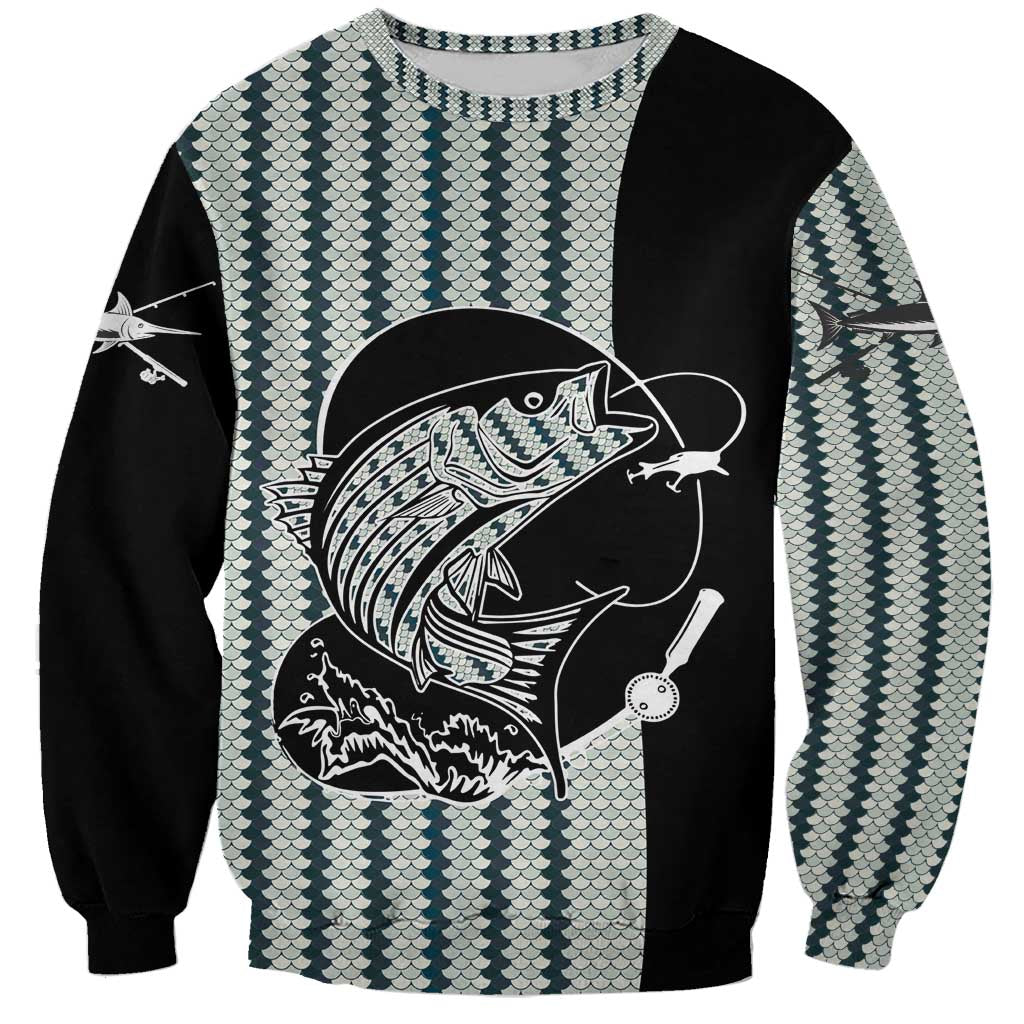 Striped Bass Jumping Graphic Sweatshirt Rod Reel and Airplane on Fish Scale Pattern - Wonder Print Shop