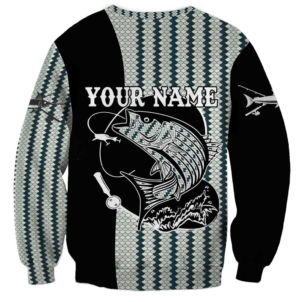 Striped Bass Jumping Graphic Sweatshirt Rod Reel and Airplane on Fish Scale Pattern - Wonder Print Shop