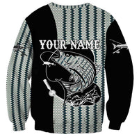Striped Bass Jumping Graphic Sweatshirt Rod Reel and Airplane on Fish Scale Pattern - Wonder Print Shop
