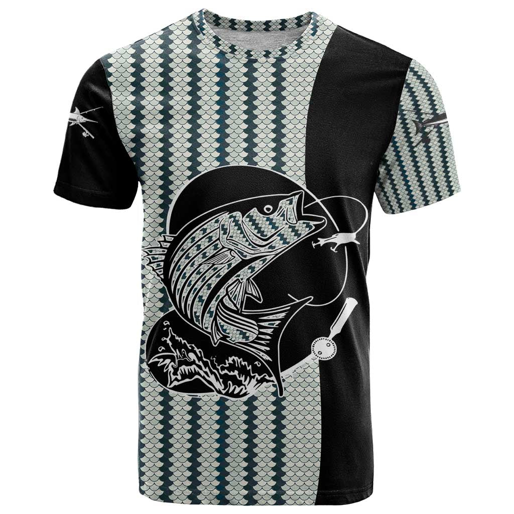 Striped Bass Jumping Graphic T Shirt Rod Reel and Airplane on Fish Scale Pattern - Wonder Print Shop