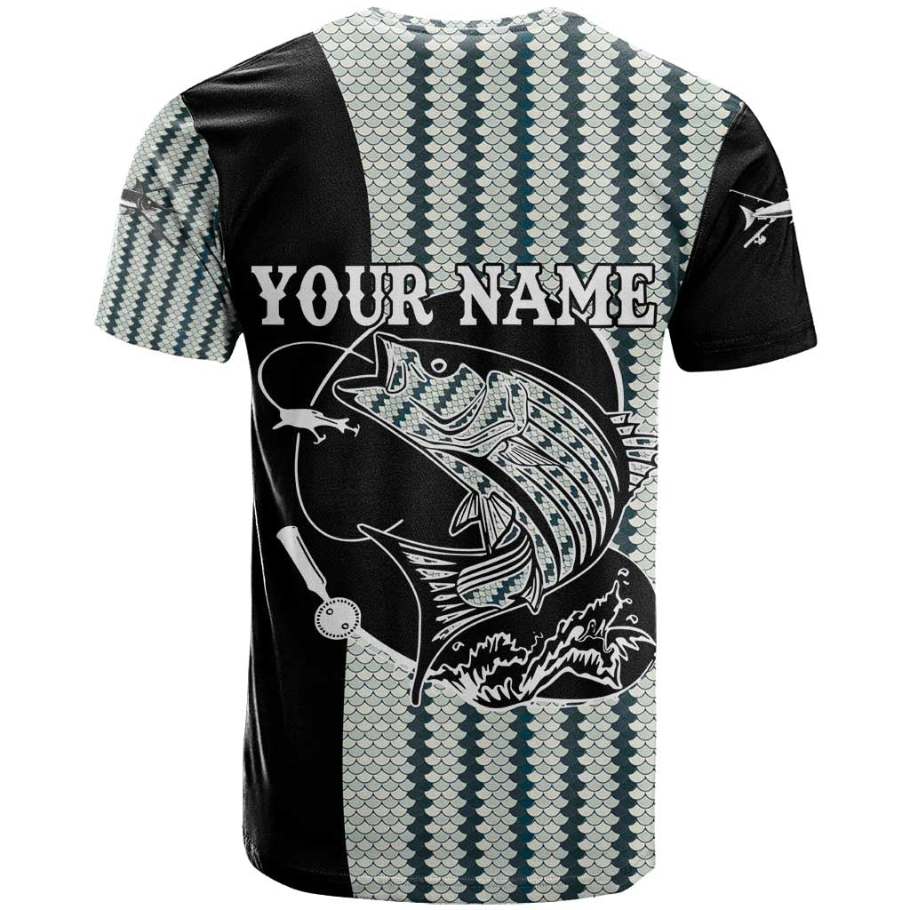 Striped Bass Jumping Graphic T Shirt Rod Reel and Airplane on Fish Scale Pattern - Wonder Print Shop