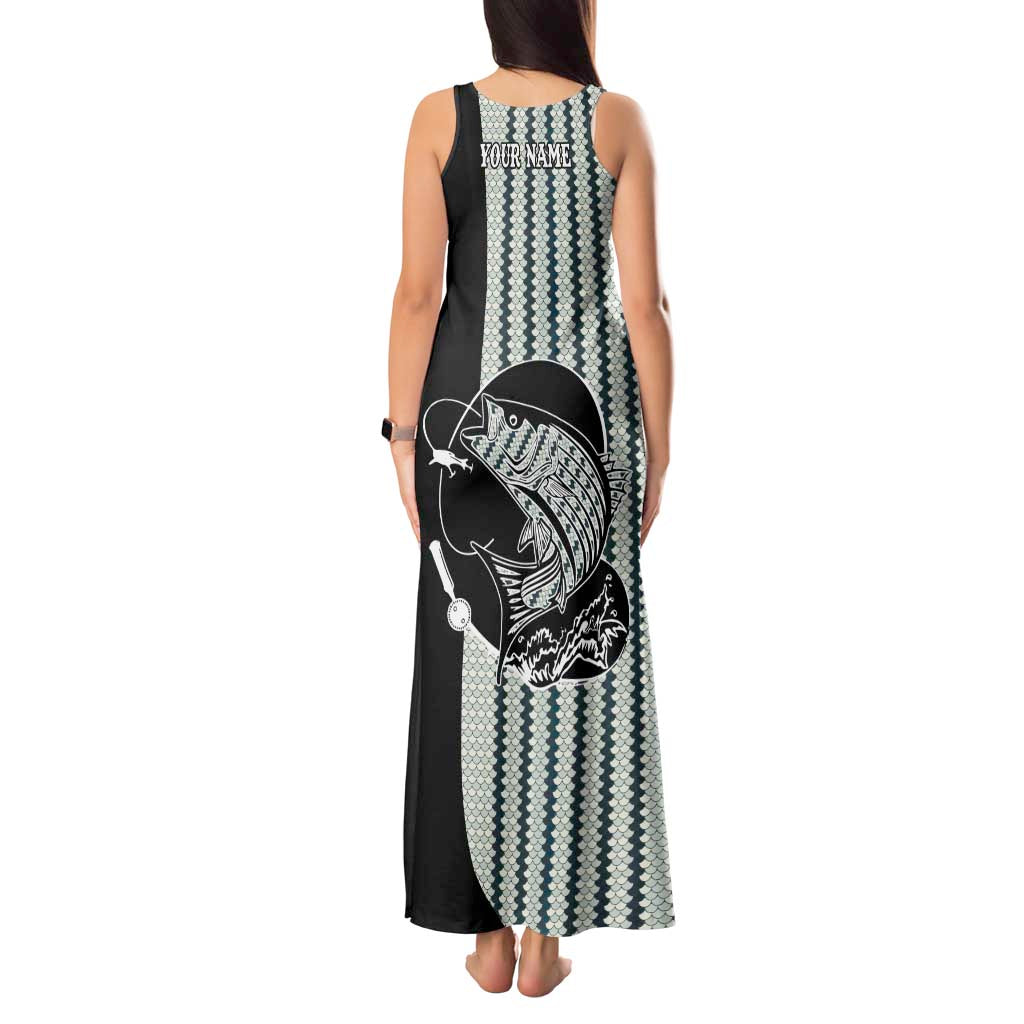 Striped Bass Jumping Graphic Tank Maxi Dress Rod Reel and Airplane on Fish Scale Pattern - Wonder Print Shop