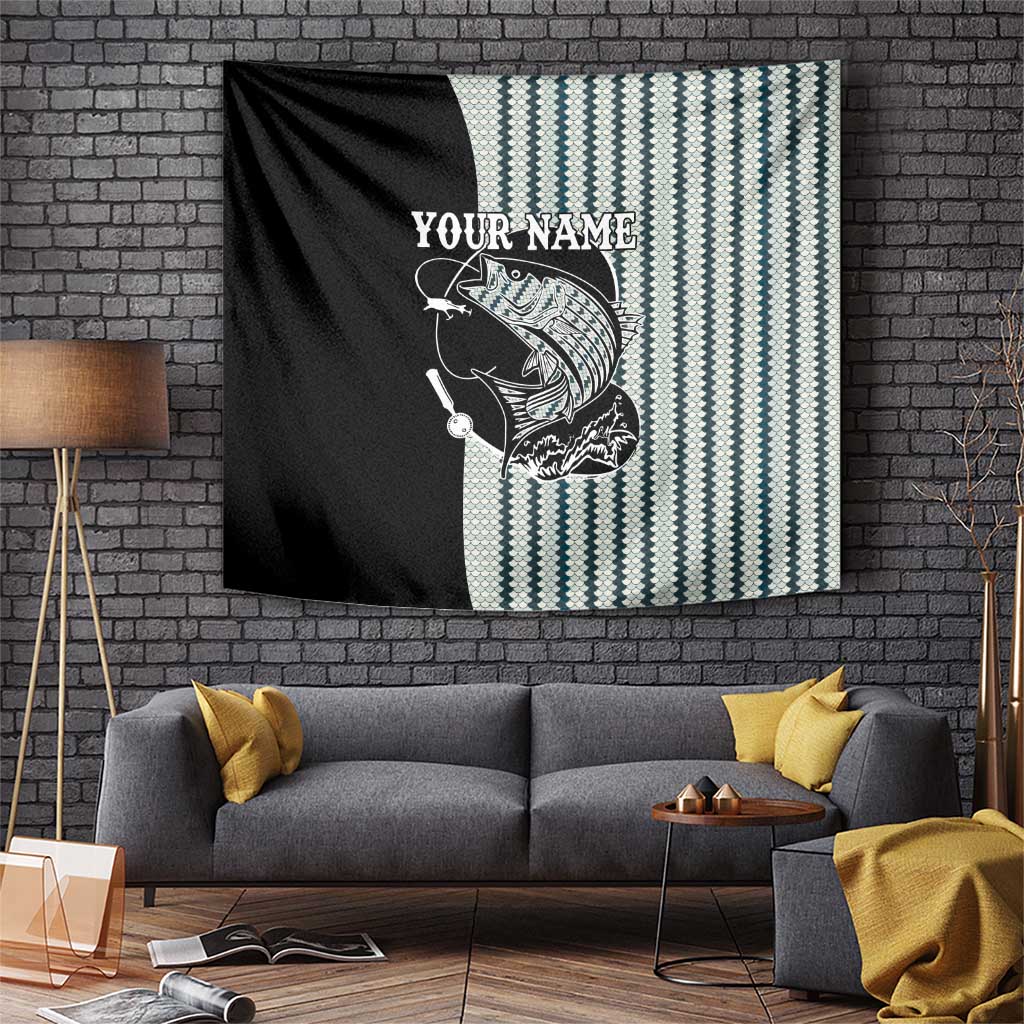 Striped Bass Jumping Graphic Tapestry Rod Reel and Airplane on Fish Scale Pattern - Wonder Print Shop